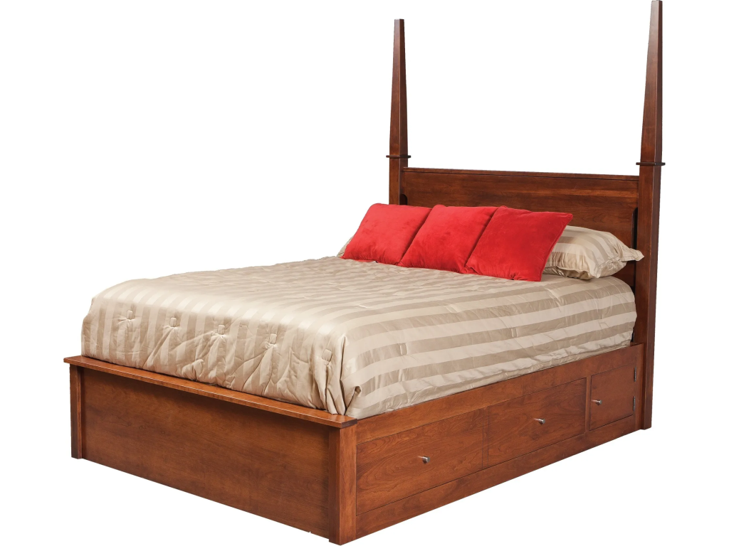 Modern Queen Pencil Post Pedestal Bed w/ 60" Wide Drawers