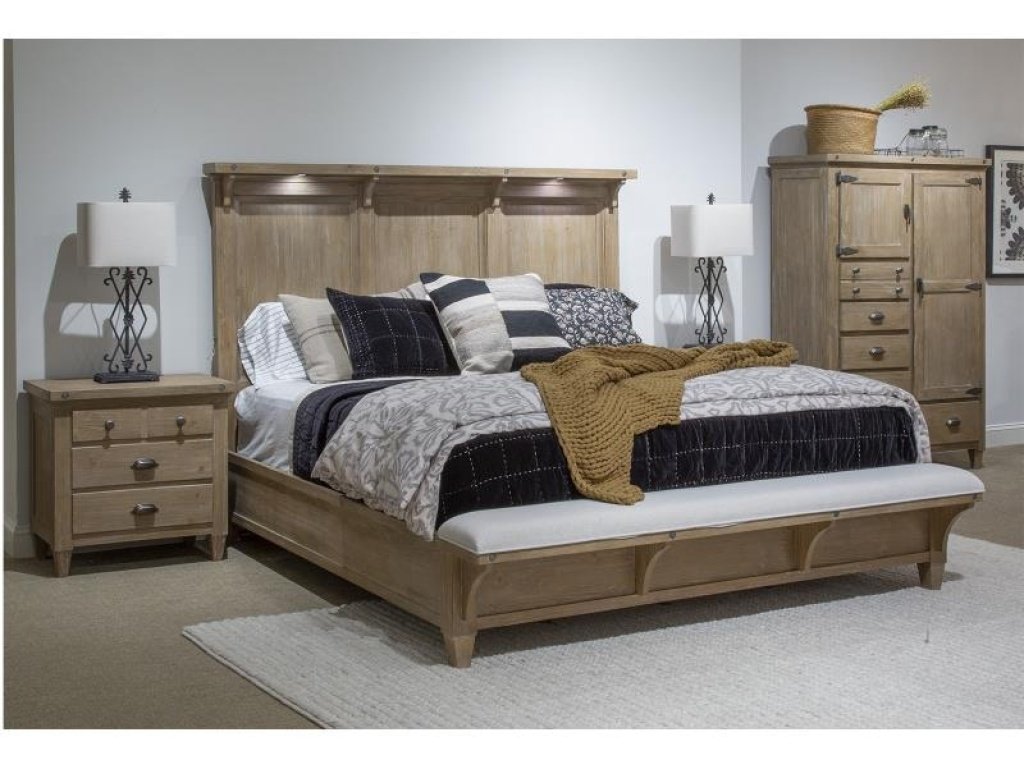 Complete Queen Lighted Panel Bed with Uph.Footboard