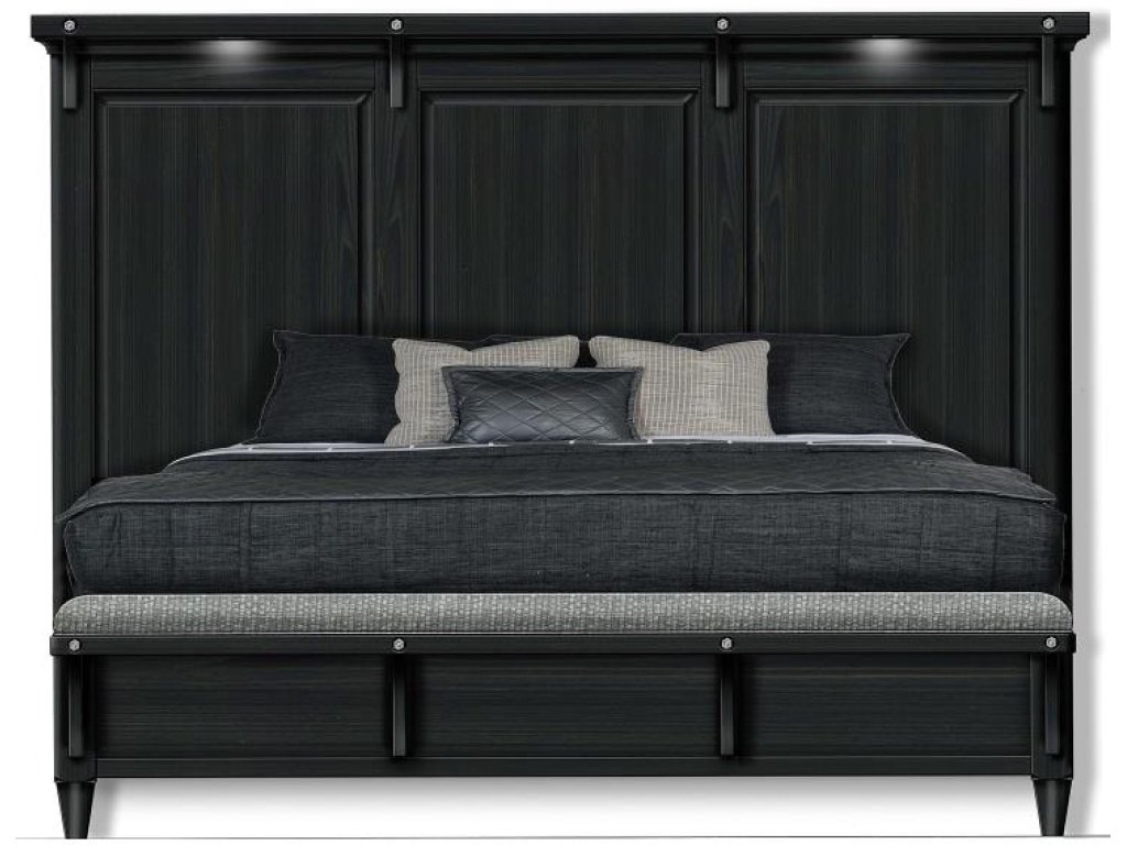 Complete Queen Lighted Panel Bed with Uph.Footboard