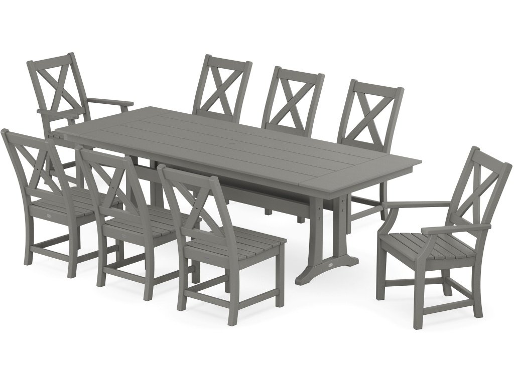 Braxton 9-Piece Farmhouse Dining Set With Trestle Legs
