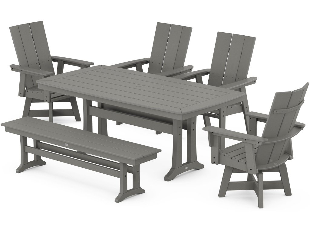 Modern Curveback Adirondack Swivel Chair 6-Piece Dining Set With Trestle Legs And Bench