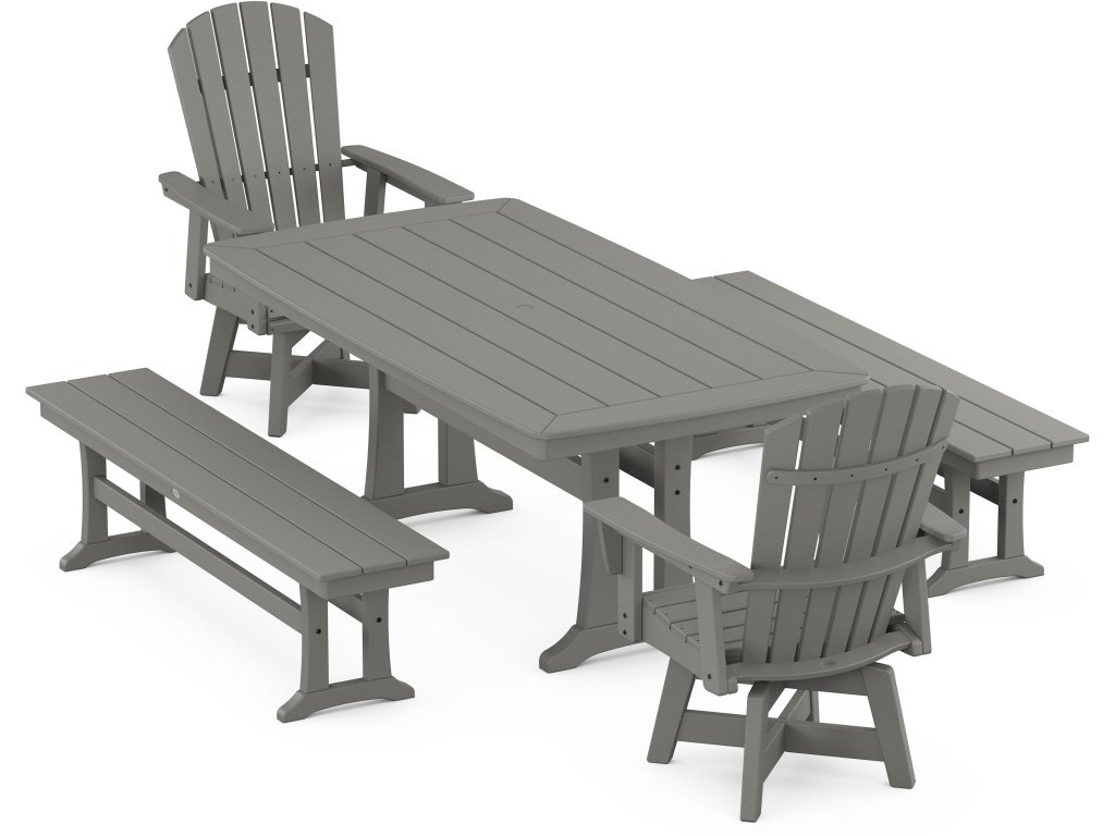 Nautical Curveback Adirondack Swivel Chair 5-Piece Dining Set With Trestle Legs And Benches