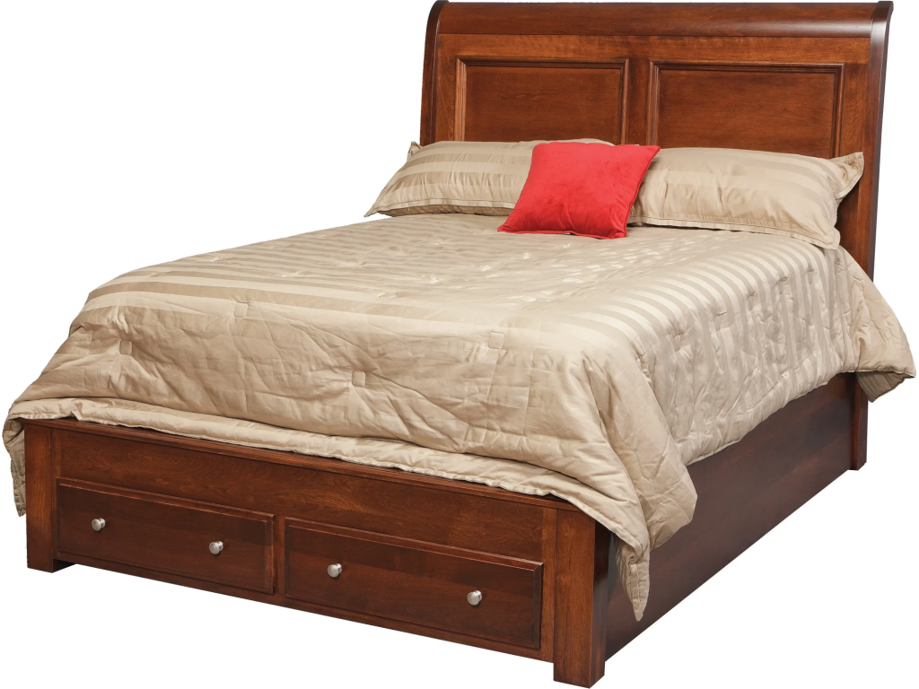 Classic Queen Sleigh Pedestal Bed w/ 2-Drawers in Footboard