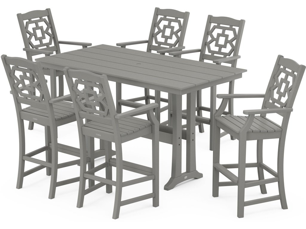 Chinoiserie Arm Chair 7-Piece Farmhouse Bar Set With Trestle Legs