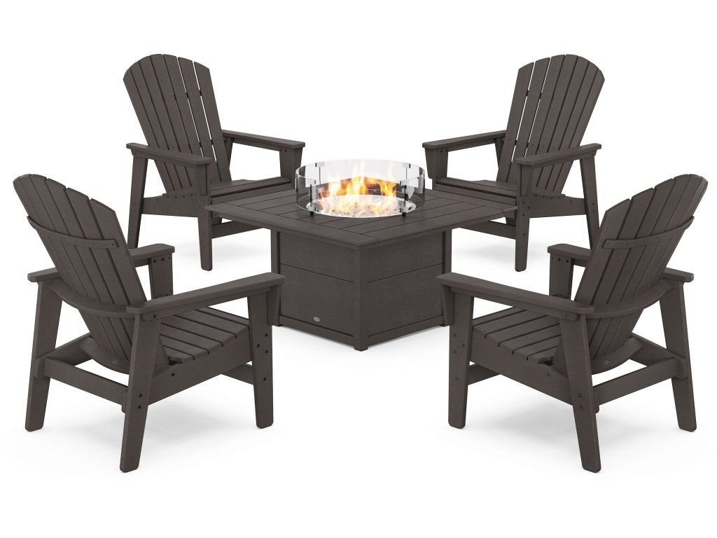 5-Piece Nautical Grand Upright Adirondack Conversation Set With Fire Pit Table In Vintage Finish