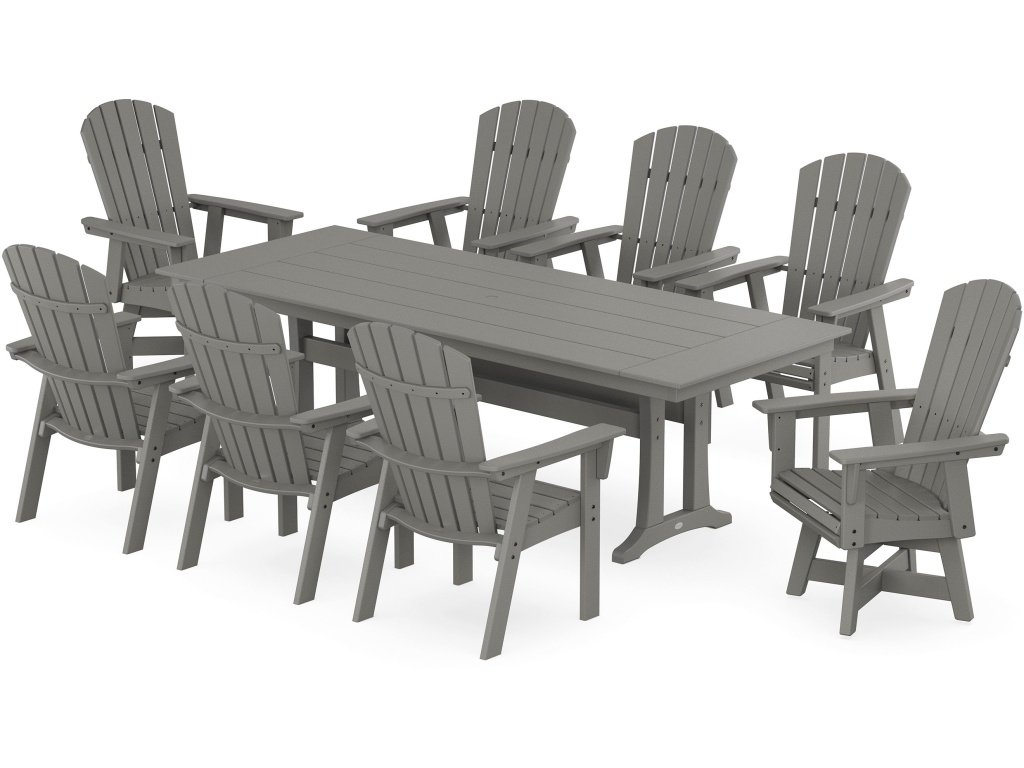 Nautical Curveback Adirondack Swivel 9-Piece Farmhouse Dining Set With Trestle Legs