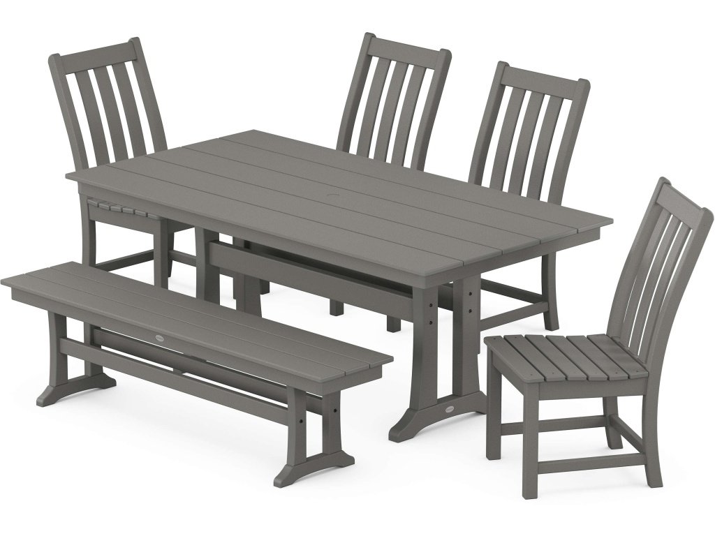Vineyard Side Chair 6-Piece Farmhouse Dining Set With Trestle Legs And Bench