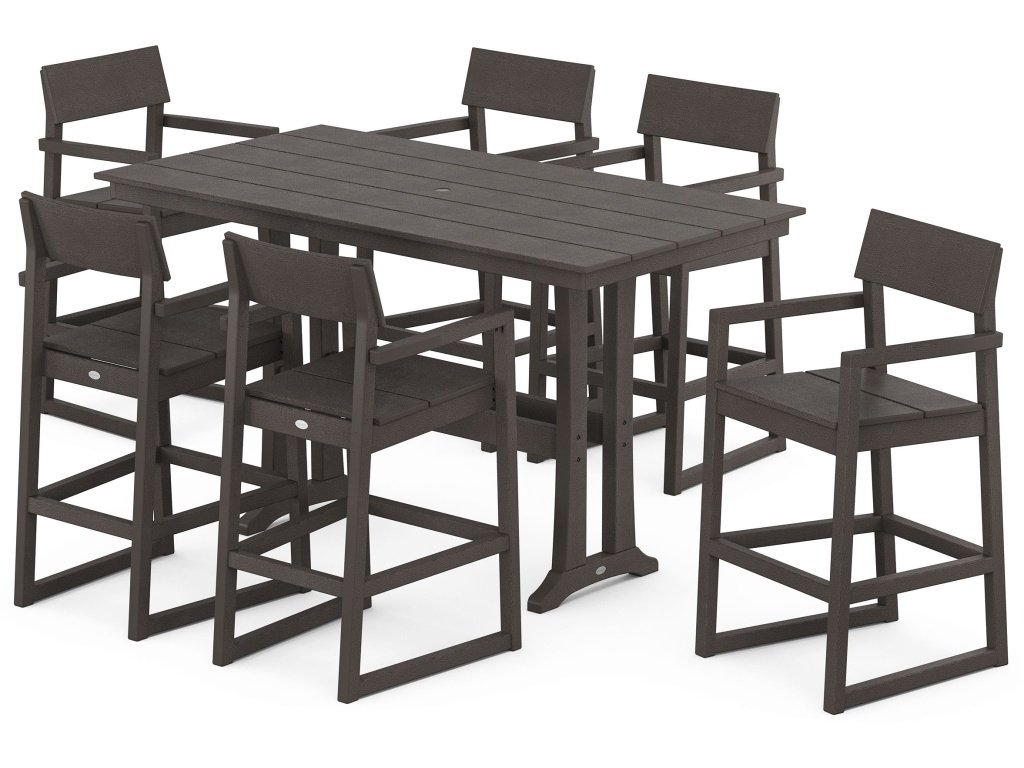 Edge Arm Chair 7-Piece Farmhouse Bar Set With Trestle Legs In Vintage Finish
