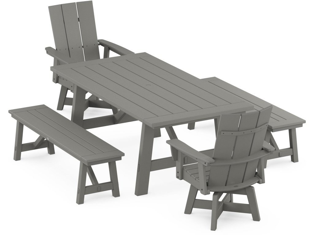 Modern Curveback Adirondack Swivel Chair 5-Piece Rustic Farmhouse Dining Set With Benches