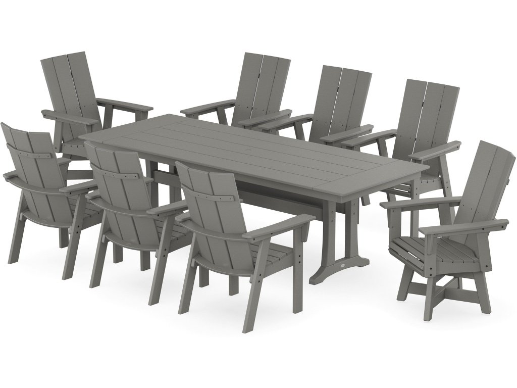 Modern Curveback Adirondack Swivel 9-Piece Farmhouse Dining Set With Trestle Legs