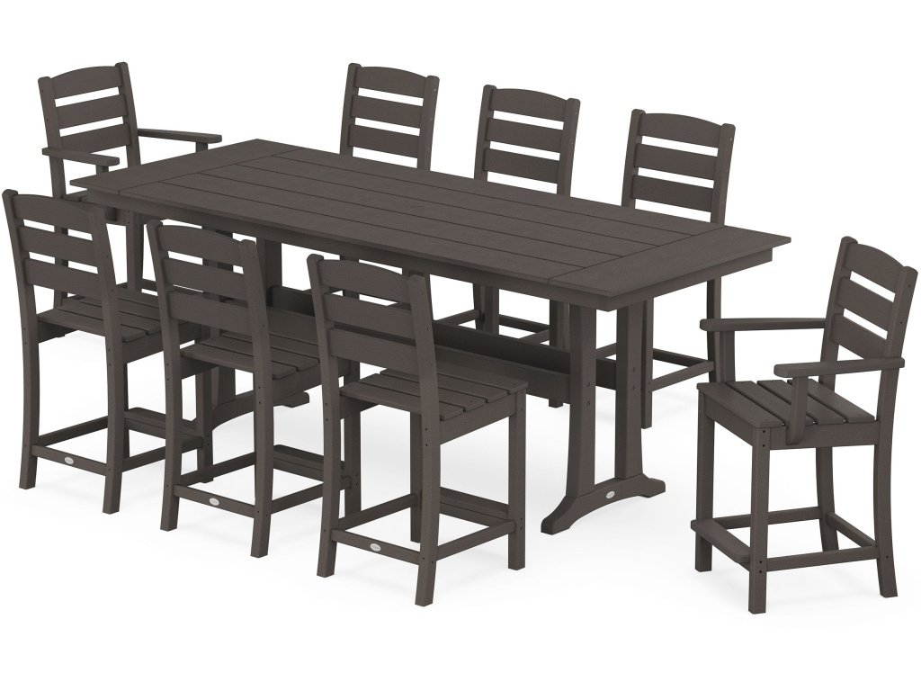 Lakeside 9-Piece Farmhouse Counter Set With Trestle Legs In Vintage Finish