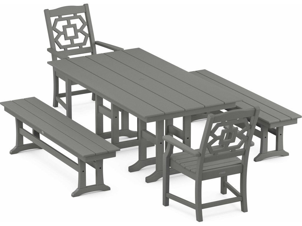 Chinoiserie 5-Piece Farmhouse Dining Set With Benches