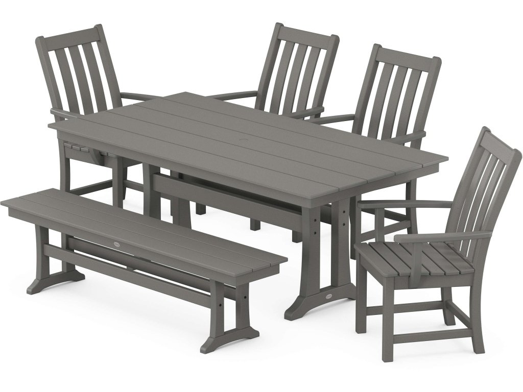 Vineyard 6-Piece Arm Chair Farmhouse Dining Set With Trestle Legs And Bench