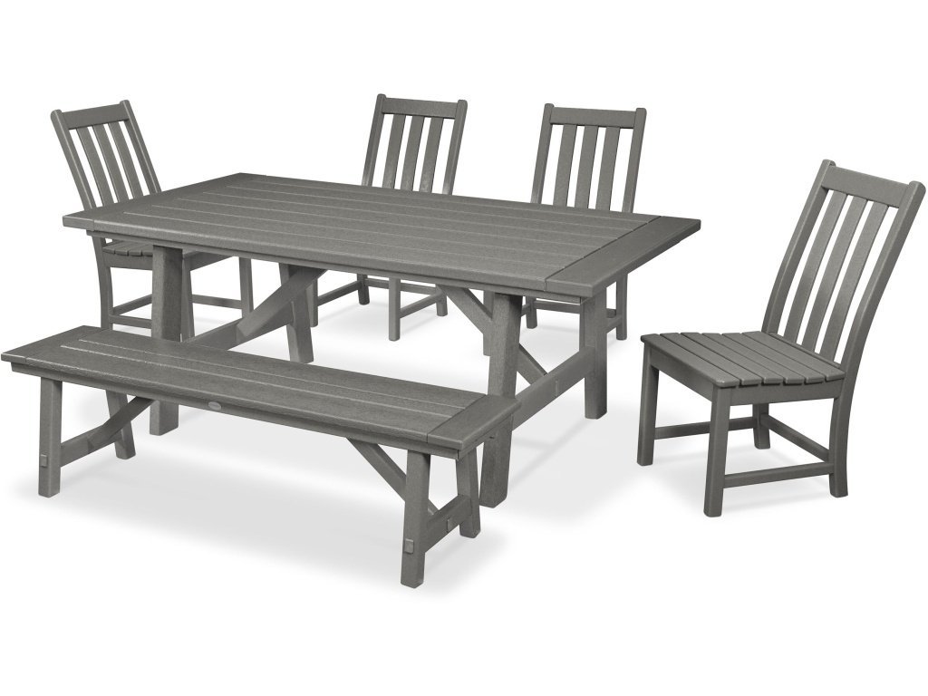 Vineyard 6-Piece Rustic Farmhouse Side Chair Dining Set With Bench