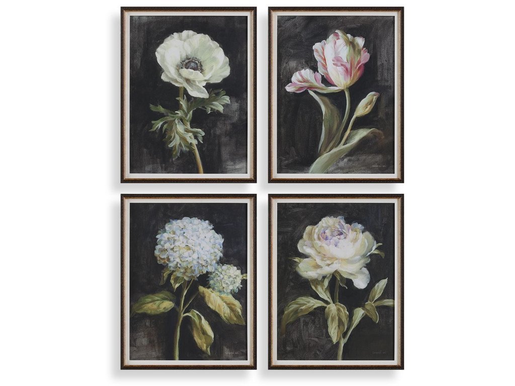 Florals On Black Framed Prints, S/4