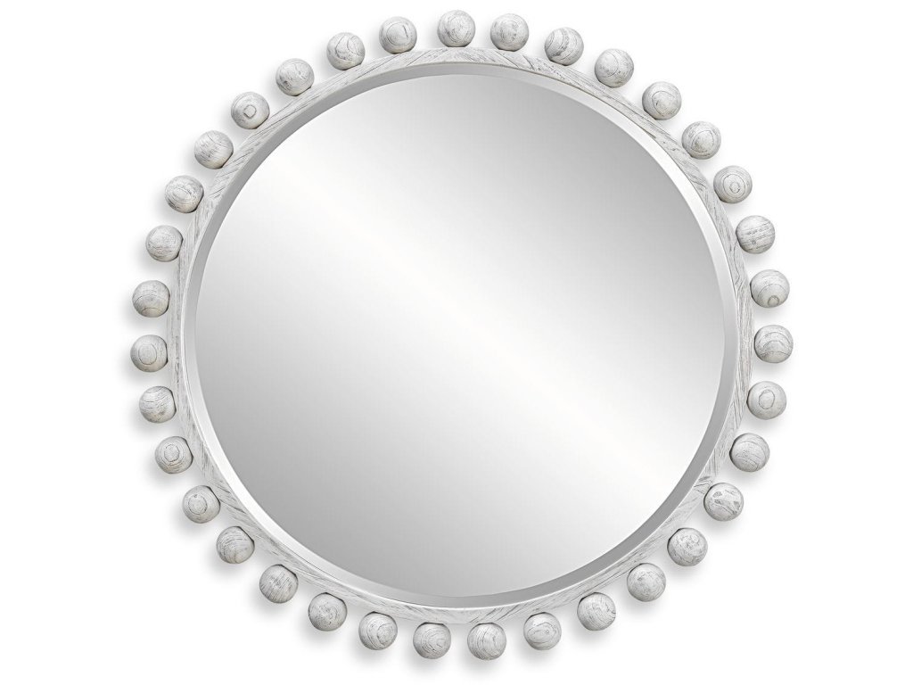 Cyra Wood Round Mirror, Aged Ivory