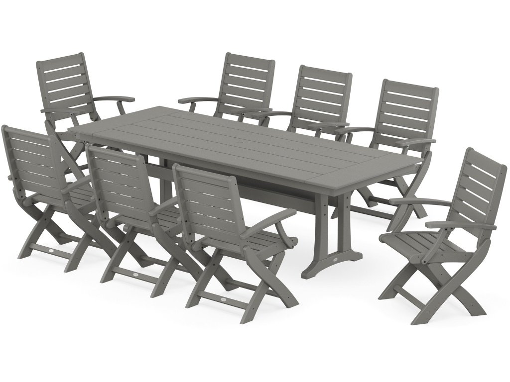Signature Folding 9-Piece Farmhouse Trestle Dining Set With Trestle Legs