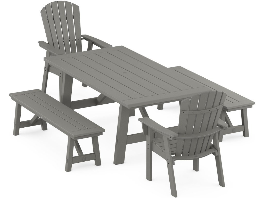 Nautical Curveback Adirondack 5-Piece Rustic Farmhouse Dining Set With Benches