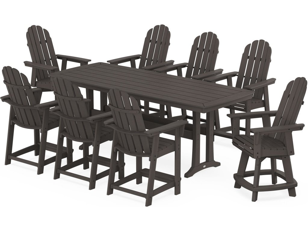 Vineyard Curveback Adirondack Swivel 9-Piece Counter Set With Trestle Legs In Vintage Finish